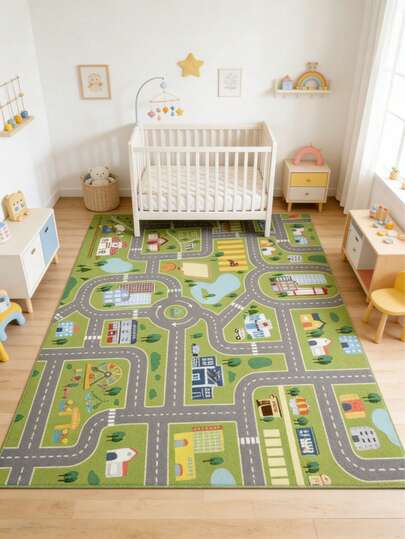1件装城市道路图案婴儿游戏垫，水晶绒材质，儿童房装饰地毯，装饰垫，儿童游戏地毯，装饰地毯，卧室装饰，小地毯，地毯，家居装饰，户外地毯，可水洗地毯