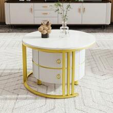 Round 2-In-1 Coffee Table In MDF, Side Table With Glossy Top And White Marble Top, Combination Living Room Coffee Table With 2 Drawers, 70 X 70 X 46 + 50 X 50 X 40 Cm - View 5