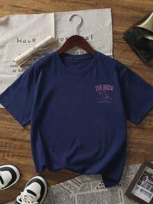 1 chiếc áo thun nữ mùa hè dáng rộng, in chữ, cổ tròn, tay ngắn - màu xanh hải quân - Xem 2