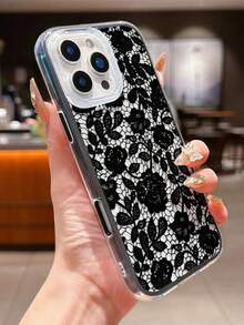 1pc Black Lace Pattern Black Frame 2-In-1 Transparent Thick Shockproof TPU Fashionable Phone Protective Case Suitable For IPhone 11 12 13 14 15 16 17 Pro Max - Multicolor - View 5