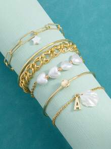 6pcs/Set Bohemian Beach Holiday Style Bracelet Set For Teens, Heart, Star, Shell Pendant Bracelets & Bangles, Mother's Day & Holiday Gift - Shape - View 3