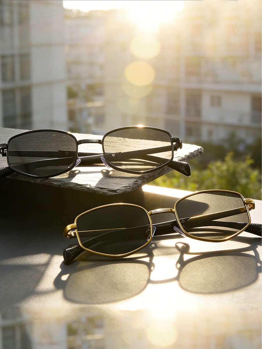 一副男女通用黑色金色小方框太阳镜，金属材质，UV400 防晒，休闲街头风，周末度假款 - 彩色 - 查看 1
