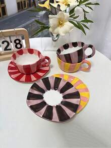 Bộ tách trà, tách sữa, tách cà phê và đĩa lót bằng gốm tráng men vẽ tay không đối xứng, chất lượng cao, dùng để uống trà, nước và các loại đồ uống khác. - Nhiều màu - Xem 2