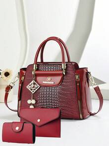 3件套奢华鳄鱼纹压花包包套装 - 优雅鳄鱼纹压花手提包、单肩包、斜挎包（女士款） - 彩色 - 查看 7