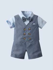 BOARNSEORL Baby Jungen Gentleman Outfit 2 in 1 Kurzarm Hemd mit Fliege und Shorts, modisch, geeignet für Outdoor, Hochzeit, Party, Weihnachten, Geburtstag, Taufe - Grau - Übersicht 3