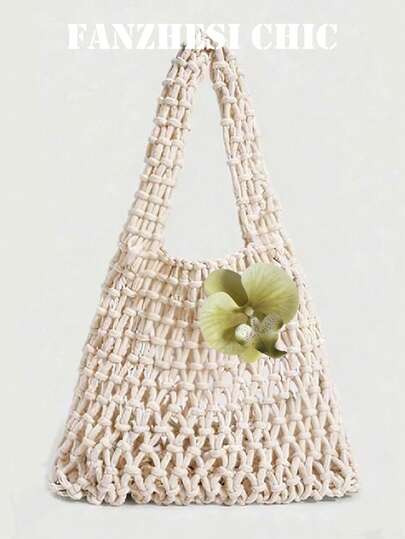 Beige lässige handgewebte Shopper Tasche / Umhängetasche Strohtasche Französischer Urlaubsnetz-Beutel mit Phalaenopsis Ornament