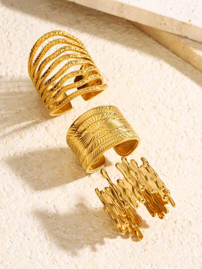 Set de 3 anillos de acero inoxidable chapado en oro de 18K con diseño geométrico exagerado de líneas, joyería de estilo vintage de lujo como regalo para mujeres, adecuado para uso diario, vacaciones y ocasiones especiales