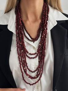 1 chiếc vòng cổ hạt gỗ nhiều lớp phong cách Bohemian, vòng cổ nhiều lớp màu đỏ cổ điển, phù hợp cho nữ. Vòng cổ hạt gỗ nhiều sợi thủ công cầu kỳ, vòng cổ dài cá nhân hóa. - Màu Đỏ Sâu - Xem 2