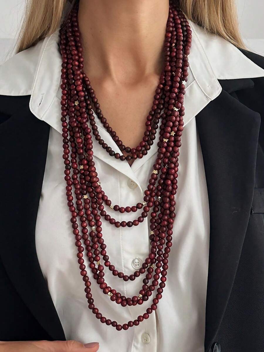 1 chiếc vòng cổ hạt gỗ nhiều lớp phong cách Bohemian, vòng cổ nhiều lớp màu đỏ cổ điển, phù hợp cho nữ. Vòng cổ hạt gỗ nhiều sợi thủ công cầu kỳ, vòng cổ dài cá nhân hóa.