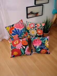 4件套 45x45厘米 彩色花卉笔触桃皮绒皮革抱枕套 四件套 汽车靠垫套 客厅沙发卧室抱枕 床头靠背抱枕套 家居装饰抱枕 无内芯 双面印花 - 玫瑰紅 - 查看 2