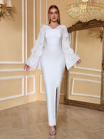 Love Aing 女士白色印花喇叭袖V领网纱拼接奢华优雅正式晚礼服，适合婚礼宾客、宴会、商务正式场合