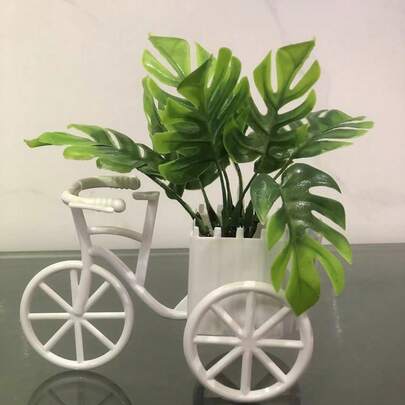 1 pieza Cesta de bicicleta de plástico mini, maceta artificial de planta de escritorio, planta verde falsa, adecuada para decoración interior