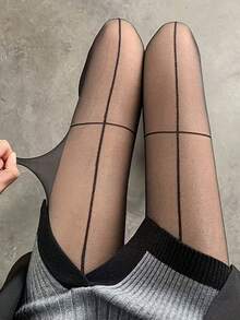 1条女士超薄黑色透视打底裤（1条），热缝红色条纹设计 - 高腰尼龙和氨纶混纺，可手洗。 - 彩色 - 查看 5