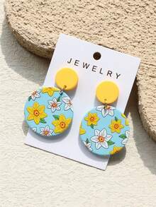 1对女士春夏黄色、白色花卉、浅蓝色陶瓷质感可爱优雅性感圆形亚克力耳环 - 彩色 - 查看 6