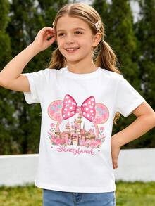 Girls' Disneyland T-Shirt, Cute Short-Sleeved Top, Summer Best-Selling Children's Clothing, Printed Children's Base Layer (With Minnie Bow And Castle) - trắng - Xem 1