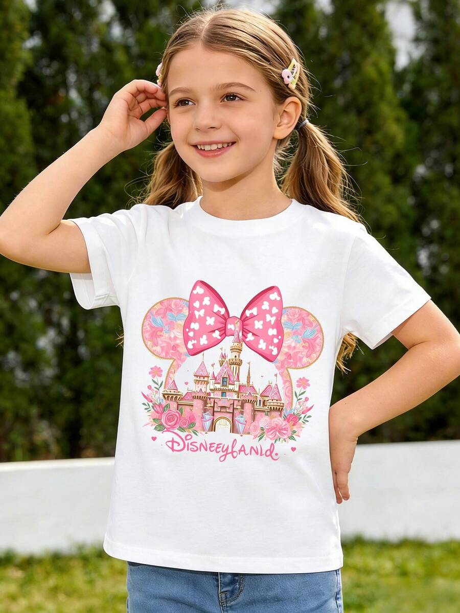 Girls' Disneyland T-Shirt, Cute Short-Sleeved Top, Summer Best-Selling Children's Clothing, Printed Children's Base Layer (With Minnie Bow And Castle) - trắng - Xem 1
