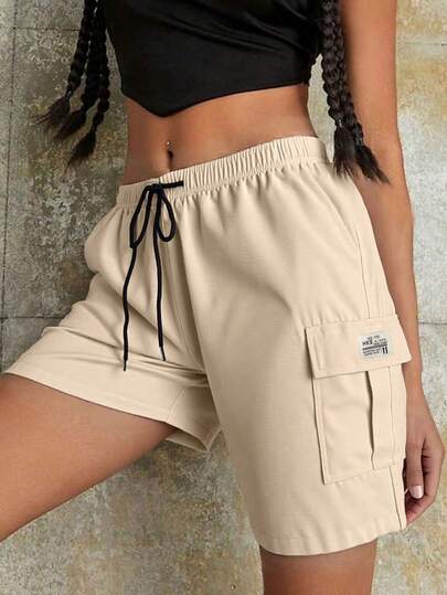 Women's Letter Graphic Drawstring Waist Casual Loose Outdoor Cargo Shorts Summer