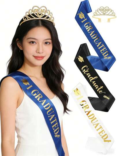 2026届毕业季缎面绶带皇冠头饰套装 2026届毕业派对装饰水钻皇冠