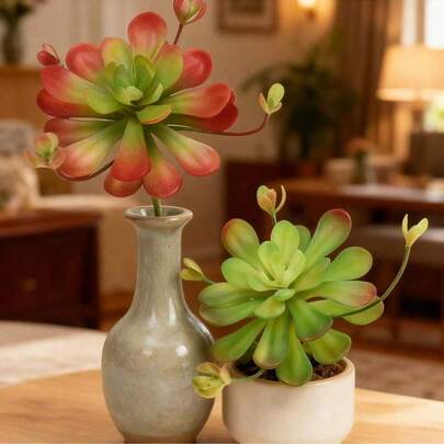 1pc Realistic Artificial Succulent Plant - Low-Maintenance Fake Desert Flora With Bendable Stems, Reddish-Pink Flowers, Lifelike Indoor/Outdoor Decor For Home, Office, Balcony - No Watering Needed, Durable Plastic Construction, Office Greenery, Natureinspired Design, Easyshape Stems