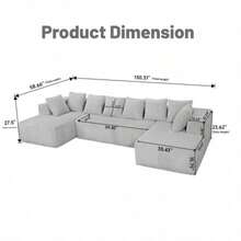 Boneless Couch,Modular U-Shaped Sectional Sofa,130-Inch 4-Seater Chaise Lounge With Reversible Design, Striped Corduroy Fabric In BLACK – Sectional Living Room Or Bedroom Couch, Freely Configurable Layout. - Màu xám + Polyester + 4 chỗ ngồi + Polyester - Xem 2