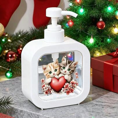 两只装可爱猫咪手捧心形皂液/乳液瓶，花卉图案浴室配件，适用于香皂、洗手液、沐浴露