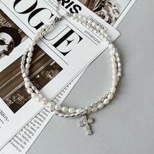 A Baroque Faux Pearl Necklace Diamond Cross Pendant Clavicle Chain Suitable For Women Daily Wear - Multicolor - View 4