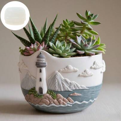 1件灯塔山海浮雕多肉植物花盆硅胶模具，美丽海景山灯塔树脂石膏花盆模具，水泥混凝土花盆模具，工艺品模具，装饰礼品