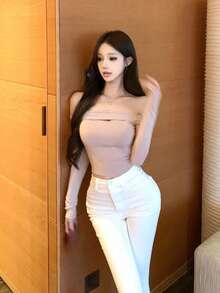 女款初秋新款浪漫修身性感鏤空設計露肩貼身長袖上衣 - 粉色 - 查看 7