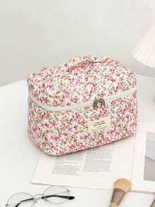 1 pieza Bolsa de cosméticos acolchada con estampado de rosa roja, de gran capacidad, con cremallera, de moda y casual, para guardar artículos de papelería y cosméticos esenciales para viajes y vacaciones - Rosa - Ver 11