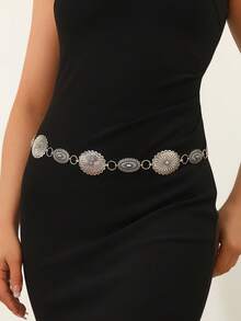 1pc Plus Size Western Style Vintage Floral Engraved Matte Black Textured Metal Waist Chain, Suitable For Pairing With Western Style Jeans, Suitable For Spring, Summer, Autumn And Wintersummer Outfits - Silver Sun - View 5