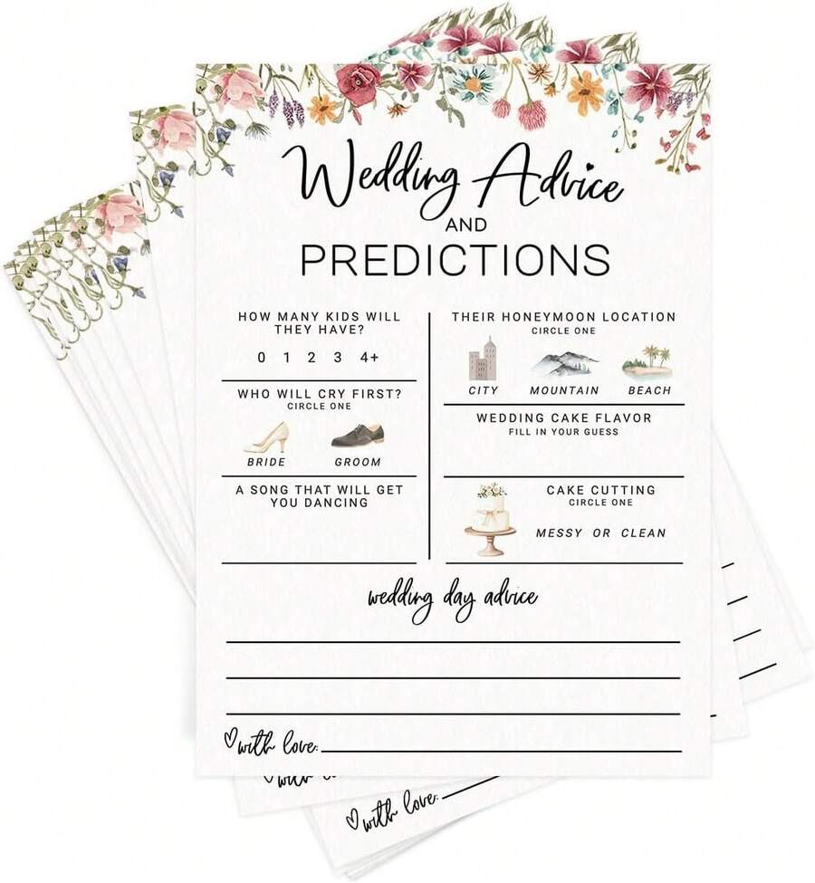 Printed Party Bridal Shower Game – Wedding Prediction Cards Guests, Fun Advice And Guessing Activity, Wildflower In Bloom Theme, Set Of 30 - Prediction Cards - 查看 1
