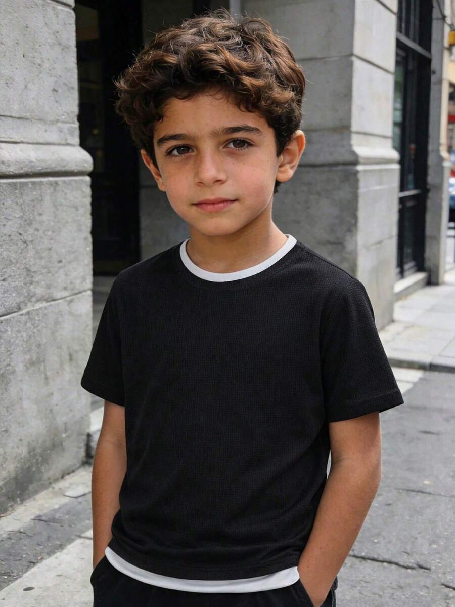 1pc Tween Boys Fashionable Minimalist Waffle Knit Casual Comfortable Crew Neck T-Shirt - Black - View 1