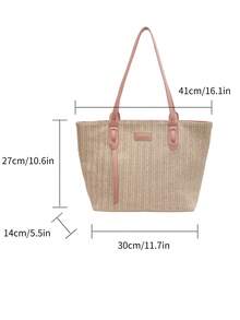Large Capacity Woven Tote Bag For Women, Casual Commuter Shoulder Handbag With High-End Feel - Pink - View 3