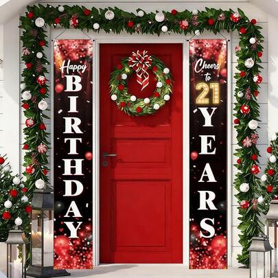 一对21岁生日庆祝背景横幅，采用涤纶材质，适用于室内生日庆祝活动、摄影背景装饰、庭院装饰、生日派对装饰、门廊装饰。