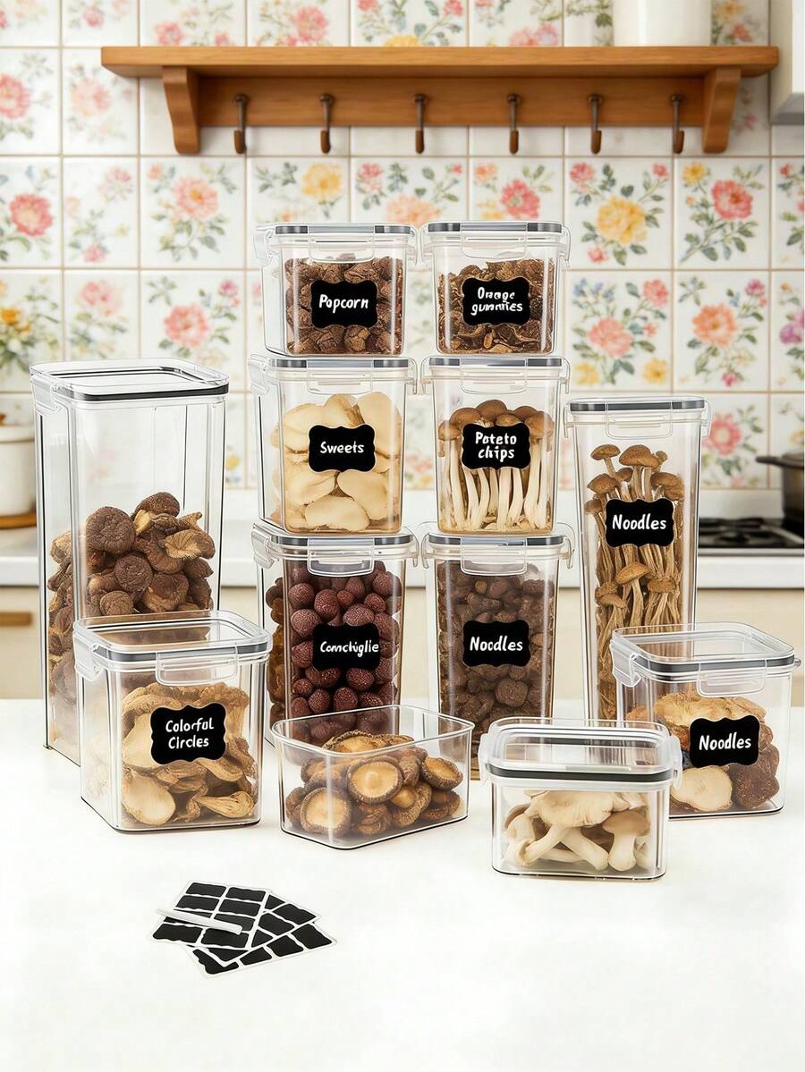12pcs-Sealed Food Storage Containers With Labels Plastic Jars For Organizing Grains, Flours, Nuts, Pastas, Snacks And Sugar In The Kitchen To Keep Food Fresh And Organized - Blanco y Negro - Ver 1
