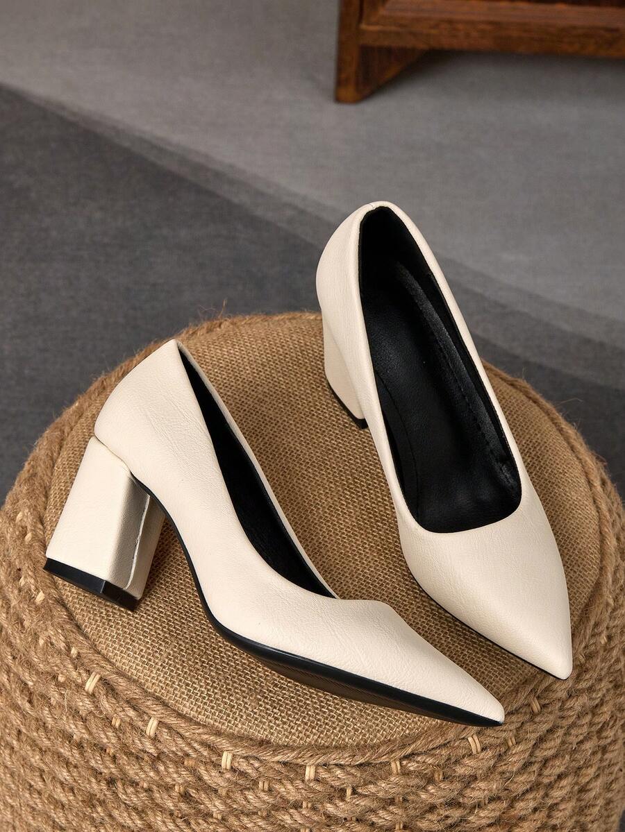MonaNise Bombas de tacón con slip-on de color marrón de moda para mujer, adecuadas para el hogar, la oficina, los viajes, las salidas casuales, al aire libre, con un estilo retro, versátiles, elegantes y cómodas - blanquecino - Ver 1