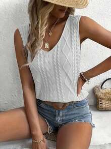 Plus Size Women V-Neck Sleeveless Ribbed Casual Tank Top, Lightweight & Breathable, Suitable For Spring And Summer White - White - View 3