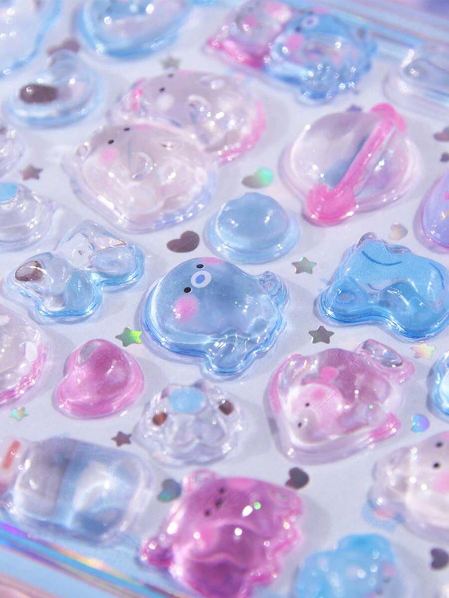 1张可爱粉色兔子海洋主题3D贴纸，卡哇伊糖果果冻浮雕纹理，水晶般透明动物材质卡通防水实心贴纸，适用于手机壳、日记本、社交分享和学校交换 - 彩色 - 查看 1