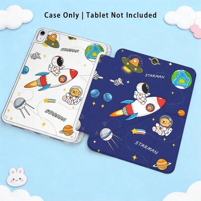 彩色亚克力水晶平板电脑保护套，带支架，适用于三星A9/A9+/S9/S9FE/A11/A11+/S11/S10 FE/S10 FE+/S10 Lite、苹果Air 5/6、荣耀等热门机型。宇航员、火箭、行星、UFO图案可选。可折叠防弯折，硅胶加固边角，支持自动唤醒/睡眠功能，内置笔槽，多角度可折叠支架。日常保护完美，节日送礼佳品。
