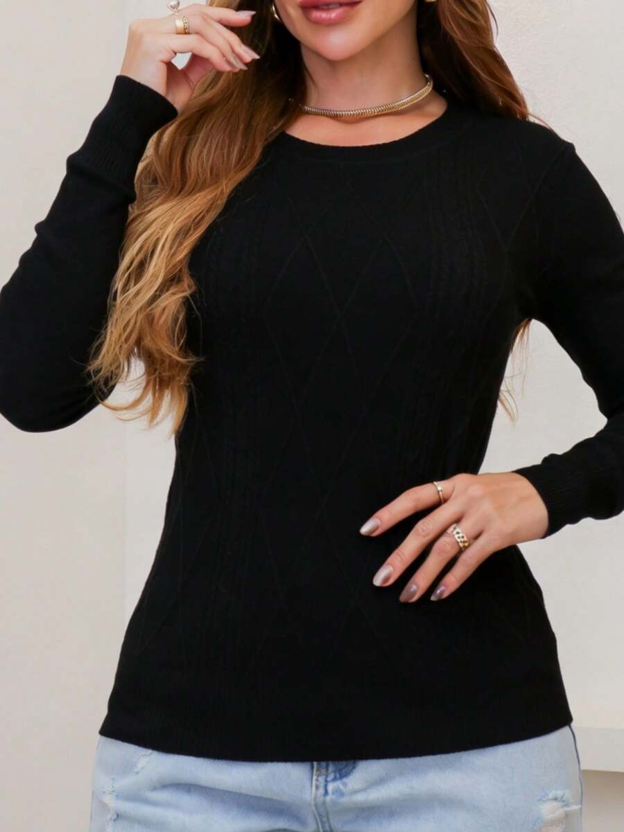 Women's Knitted Blouse Long Sleeve Winter Sweater FL-66657 - 黑色 - 查看 1