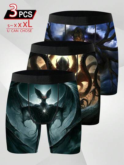 3pcs Men's Novelty Shorts Set: Fantasy Creature Printed Boxer Briefs, Dark Mysterious Creature Printed Briefs, Soft Breathable Jersey Fabric, Quick-Dry Moisture-Wicking, Casual Sports Long Boxer Briefs For Men