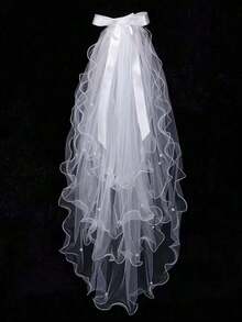 1pc High-End 4-Layer Faux Pearl Bow Detail Bridal Wedding Veil.Made Of Faux Pearls.Exquisite Bow Detail Decorations.Suitable For Wedding Occasions, Photo Studios And Various High-End Events.Fall Clothes For Women Valentine's Day Accessories - 白色 - 查看 2