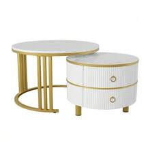 Round 2-In-1 Coffee Table In MDF, Side Table With Glossy Top And White Marble Top, Combination Living Room Coffee Table With 2 Drawers, 70 X 70 X 46 + 50 X 50 X 40 Cm - View 6