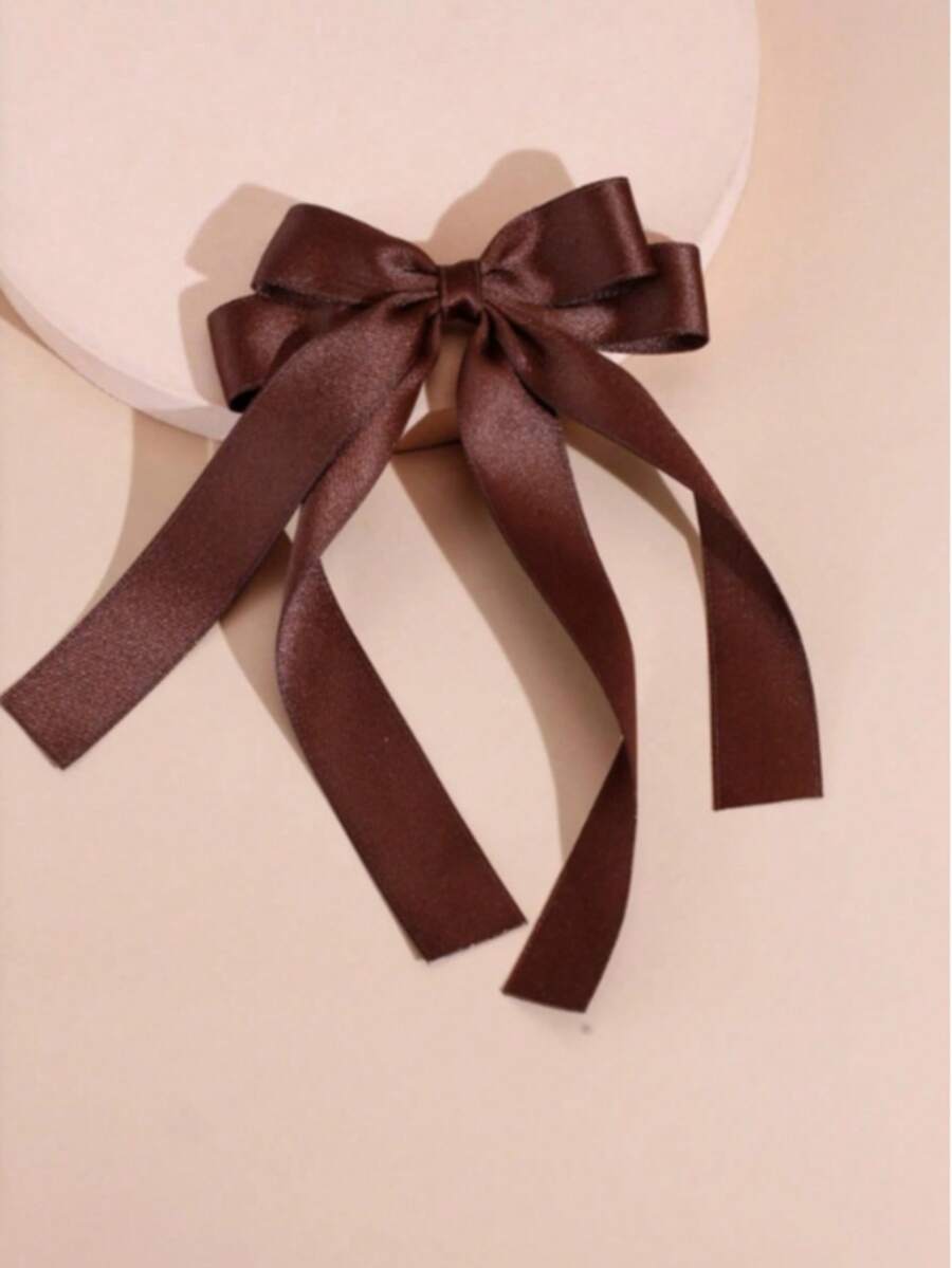 1pc Glossy Satin Bow Large Ribbon Hair Clip, Suitable For Daily Wear, Party And Holiday - Coffee - View 1