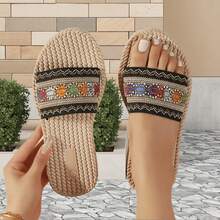 Summer New Bohemian Crystal Toe Clip Women Fashion Elegant Non-Slip Flat Sandals - Black Flower - View 3