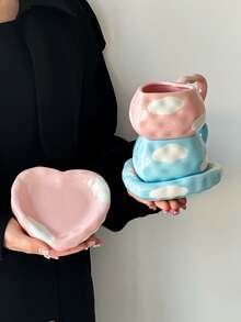1 Set Heart & Cloud Ceramic Coffee Cup & Saucer Set, Korean Ins-Style Cute Ceramic Mug, Paired With Heart Cloud Plate, High-Quality Ceramic Tableware Set, Suitable For Milk, Coffee, Tea - Multicolor - View 7