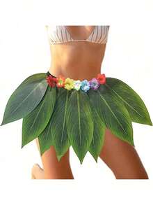 10条装绿色叶子夏威夷草裙，15条装叶子夏威夷草裙，夏季沙滩派对用品，适合女性和女孩 - 布藝樹葉裙 - 查看 7