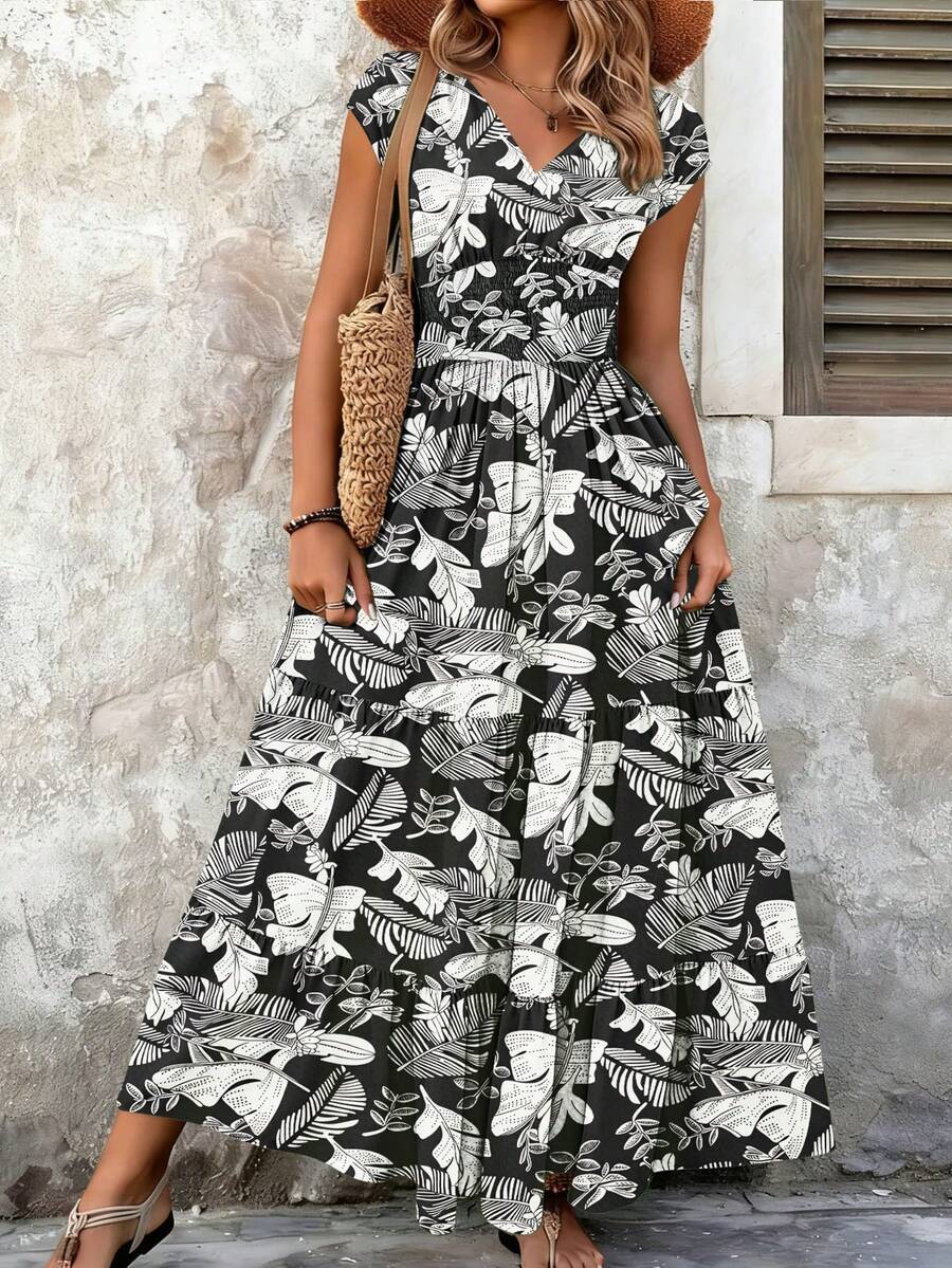 Novo Vestido Longo Boho de Estampa Tropical Plus Size - Vestido Maxi Elegante com Decote em V, Cintura Franzida e Babados para Mulheres em Férias, Verão Preto