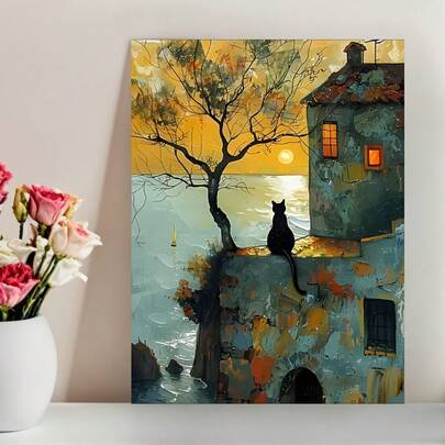 1 Piece Frameless Cute Black Cat With Sunrise Canvas Print Poster, Wall Decor For Room, Unique Creative Wall Art Decoration, Suitable For Living Room, Bedroom, Office, Dining Room, Waterproof Print, Artwork, Perfect Gift And Decoration