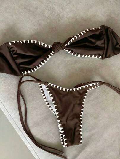 Summer New Arrival: Fashionable & Elegant Brown-White Contrast Stitching Lace Trim Sexy Halter Neck Beach Vacation Date Bikini Set